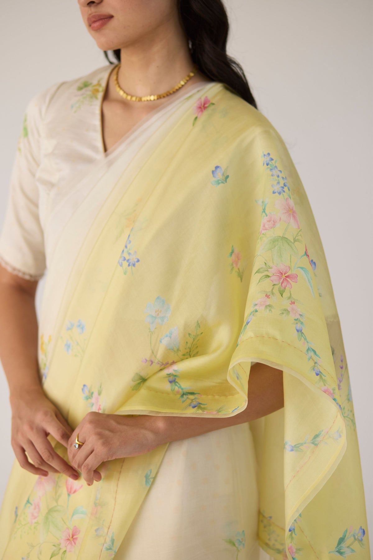 Yellow Clover Field Mulberry Organza Silk Sari