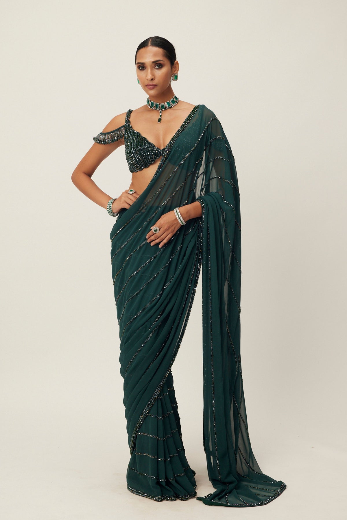 Dark Jade Green Embroidered Saree Set