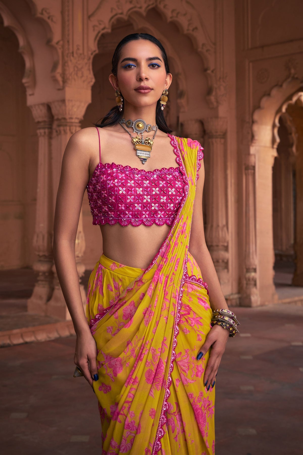 Fuchsia Draped Saree Set