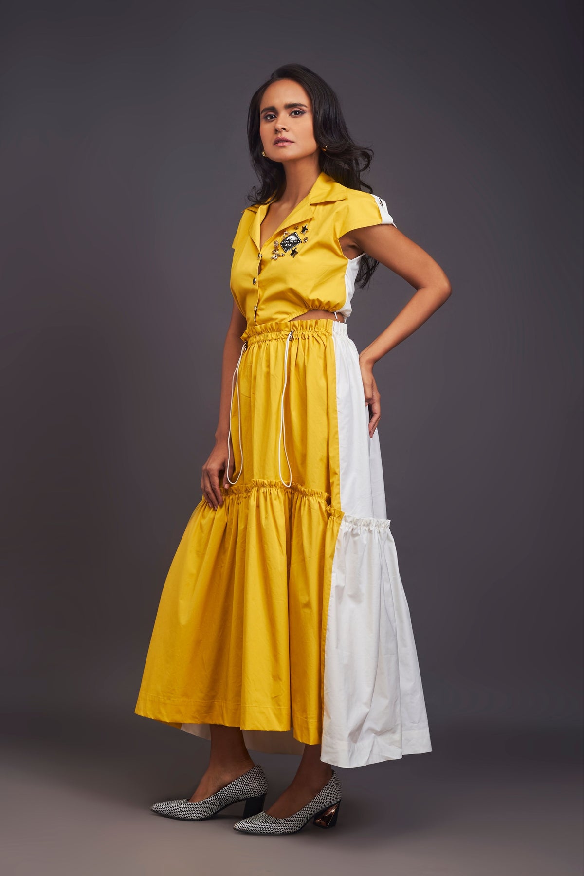 Lapel Collar Yellow Long Dress