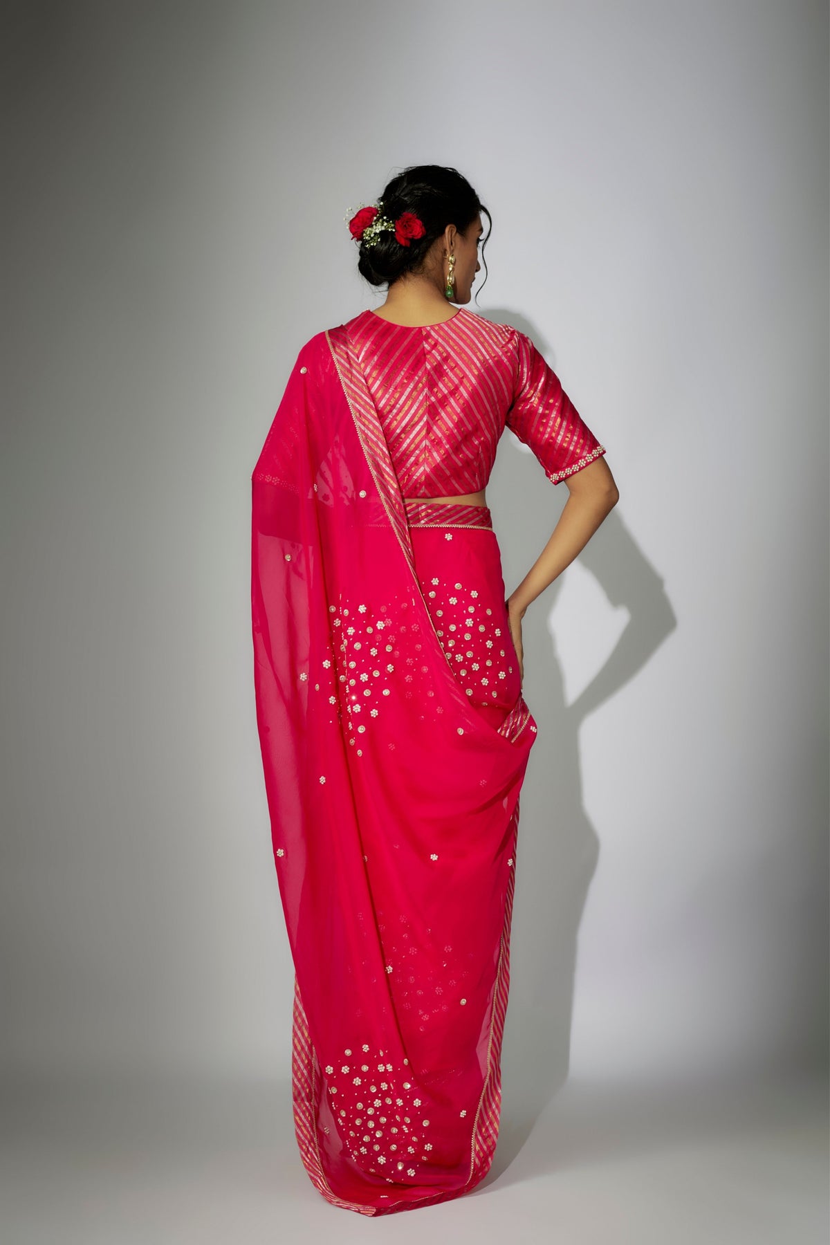 Hot Pink Embroidered Saree Set