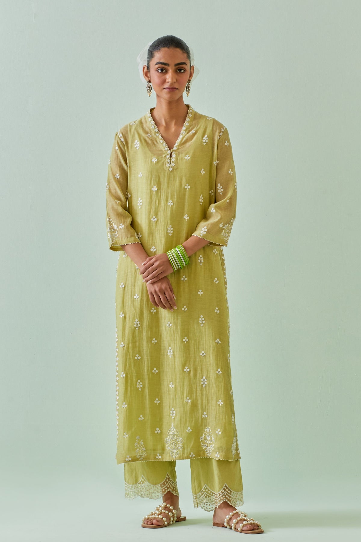 Green Embroidered Straight Kurta Set