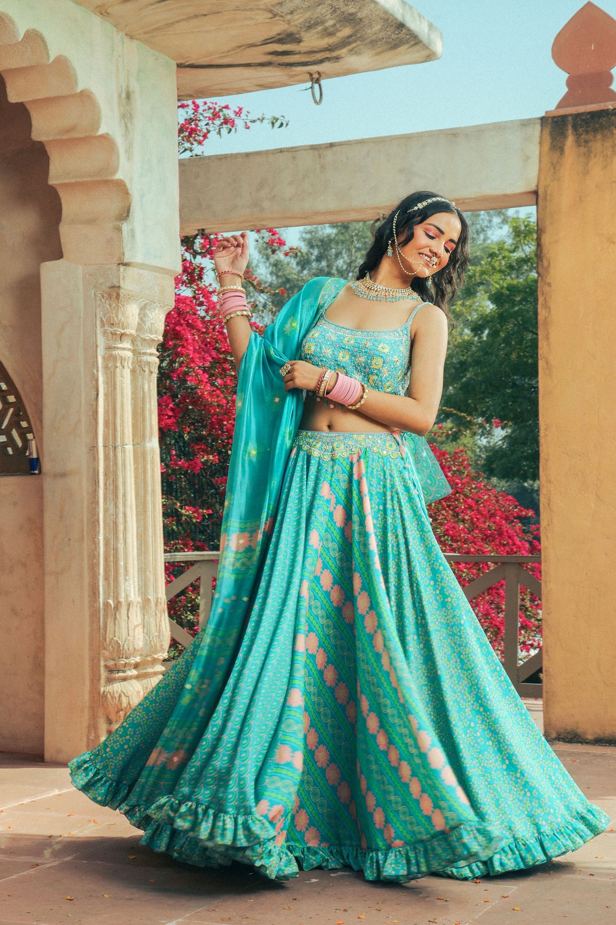 Aqua Embroidered and Printed Lehenga Set