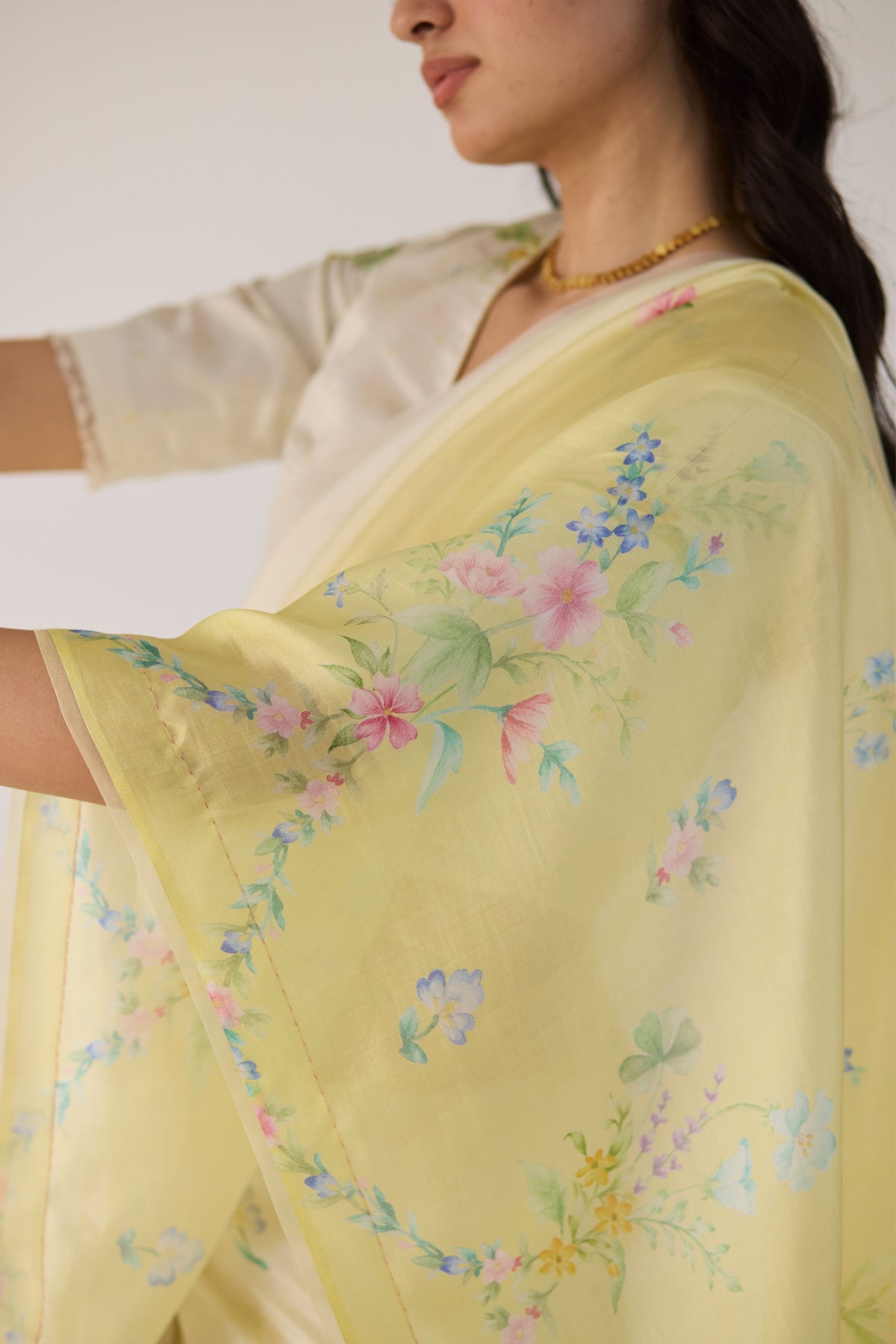 Yellow Clover Field Mulberry Organza Silk Sari