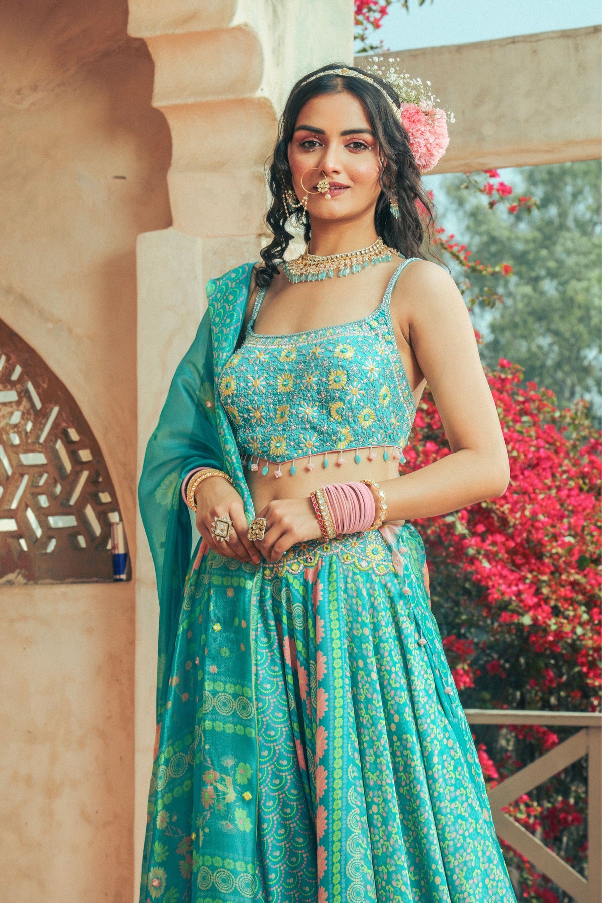 Aqua Embroidered and Printed Lehenga Set