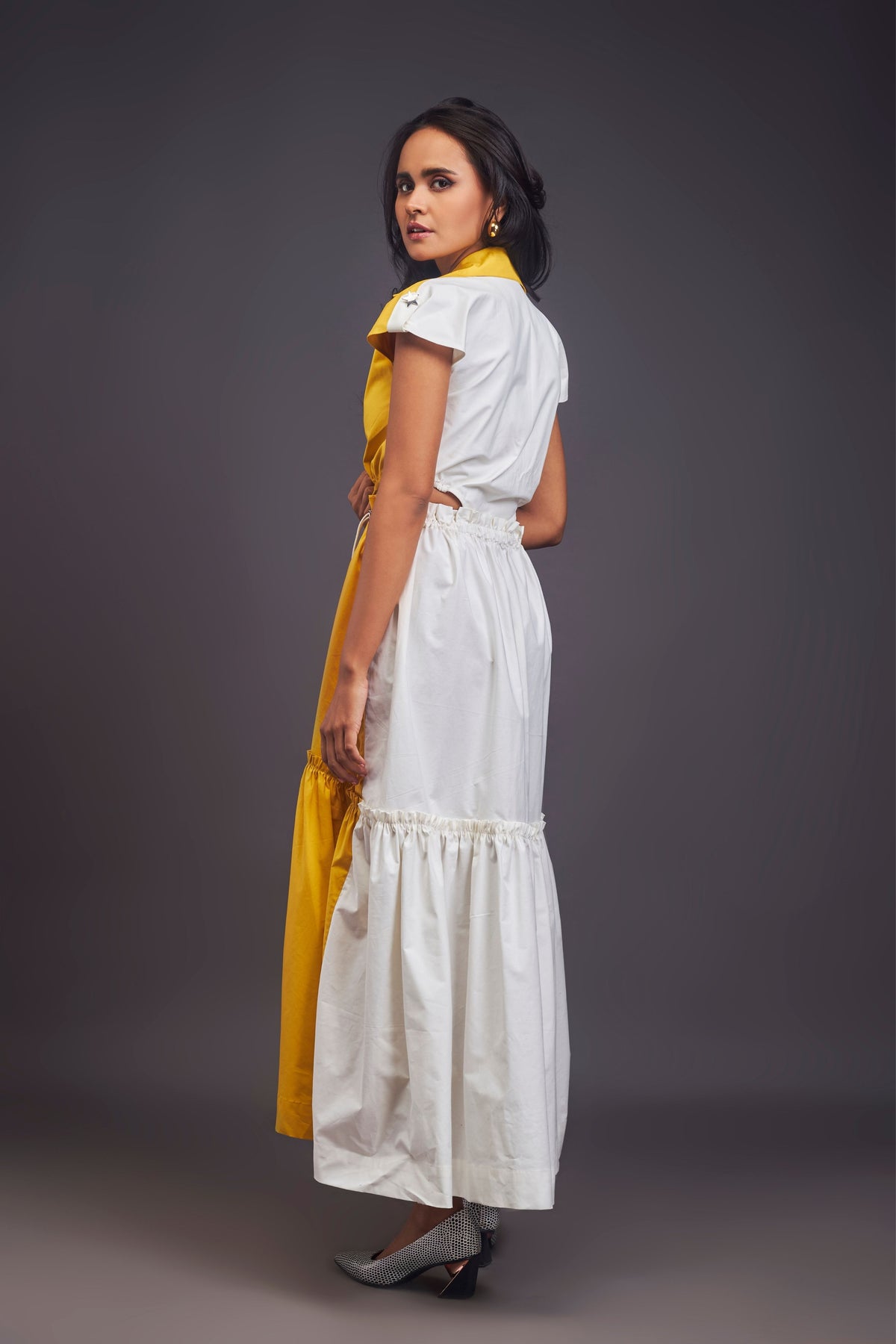 Lapel Collar Yellow Long Dress