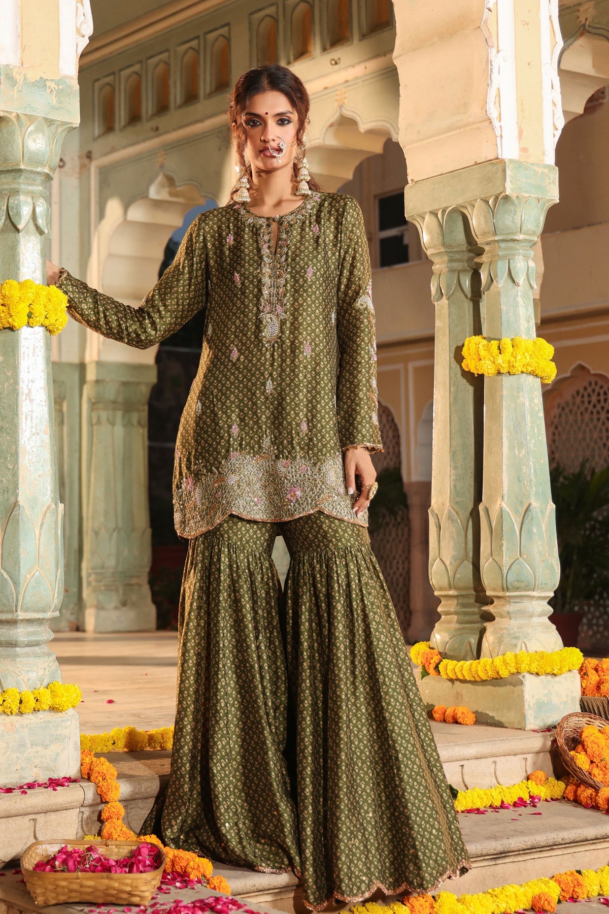 Printed Olive Green Sharara Set