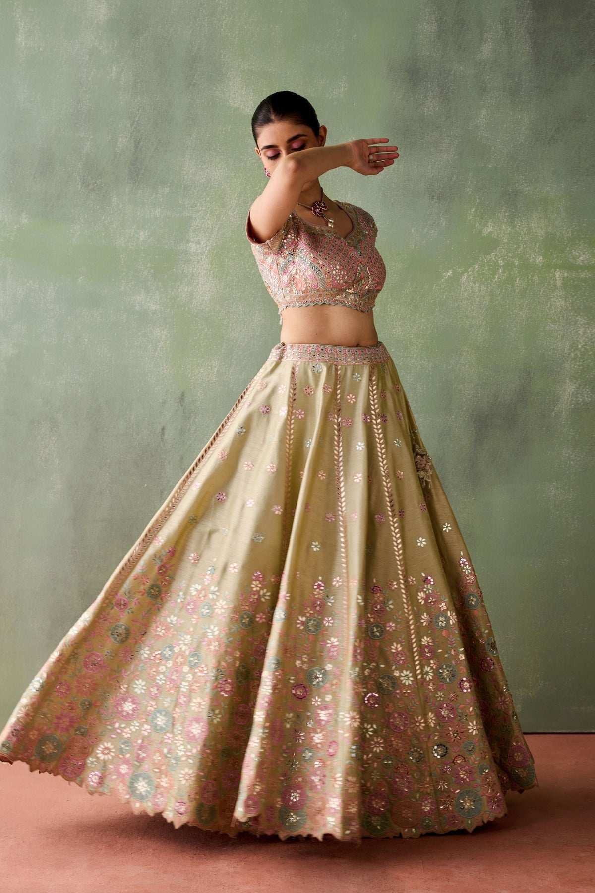 Dusty Green Floral Lehenga Set