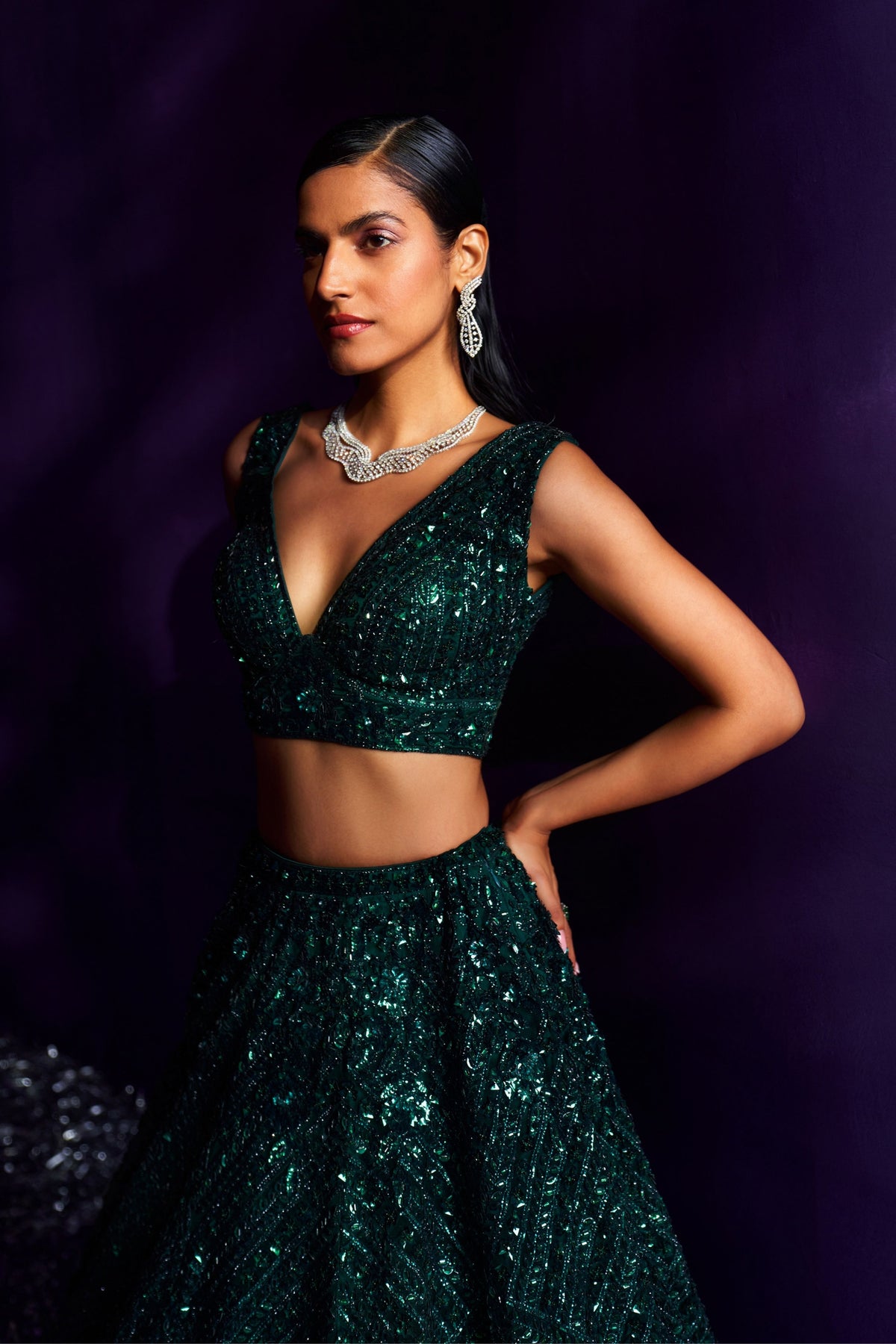 Emerald Green Sequins Lehenga Set