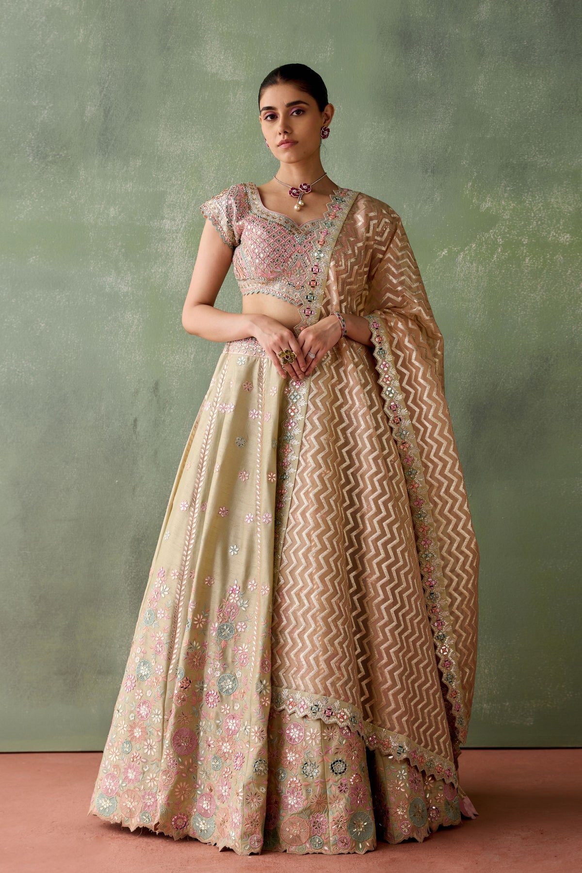 Dusty Green Floral Lehenga Set