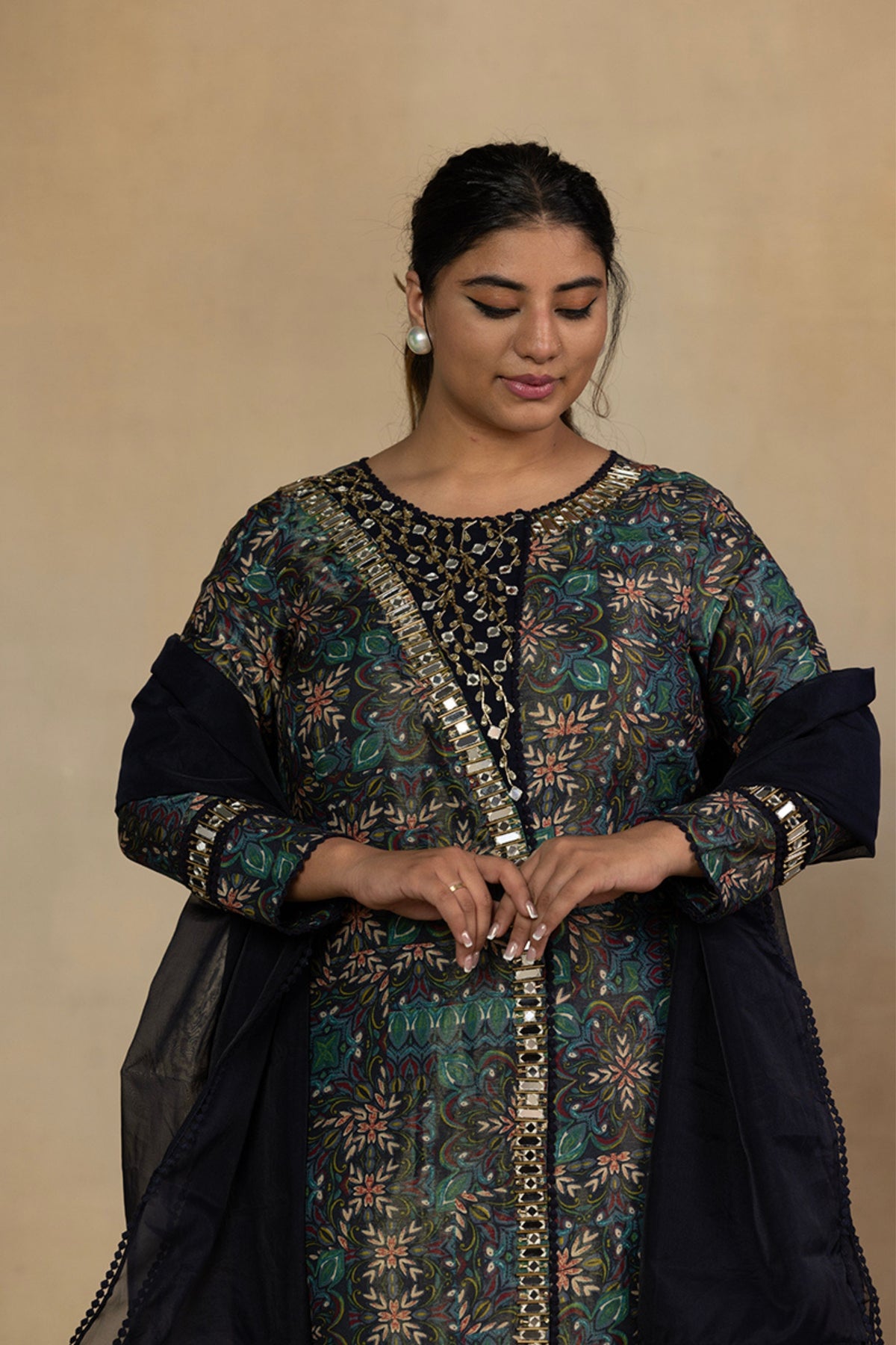 Printed Mirror Work Kurta Set