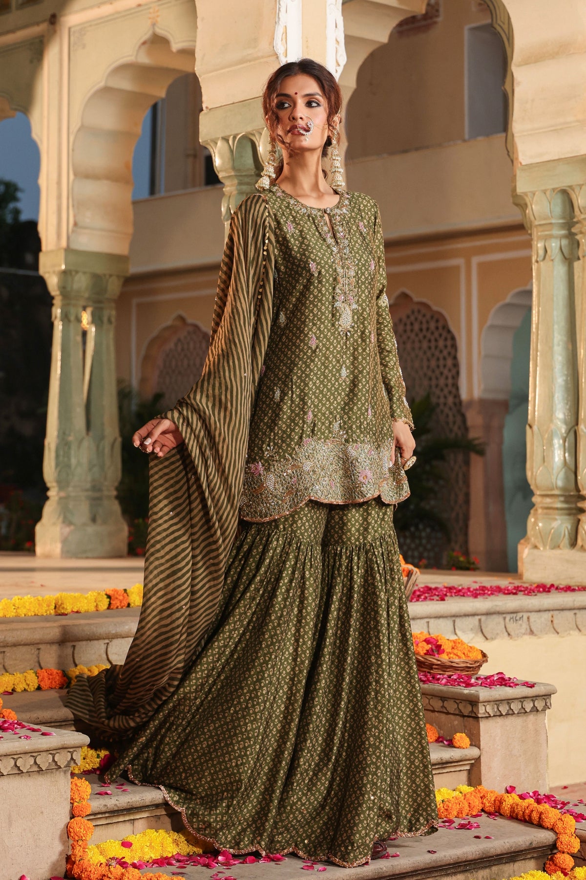 Printed Olive Green Sharara Set