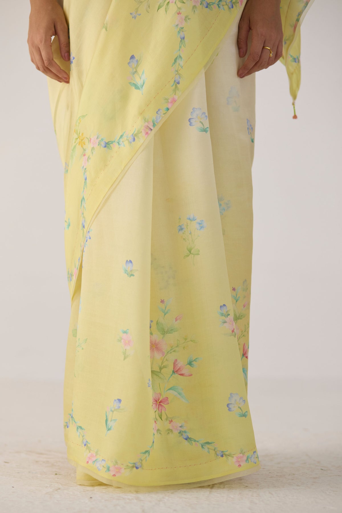 Yellow Clover Field Mulberry Organza Silk Sari