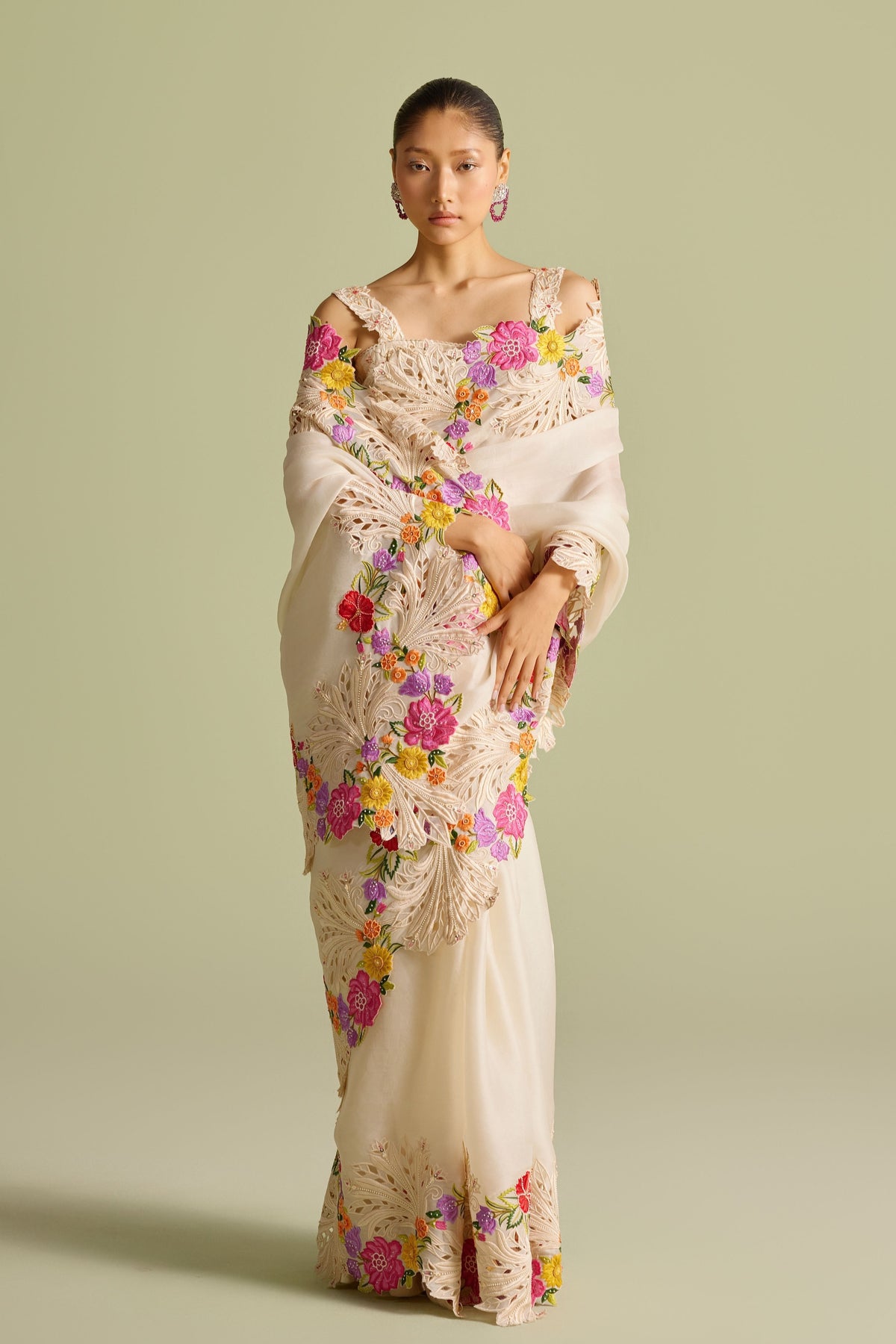 Ivory Floral Embroidered Saree