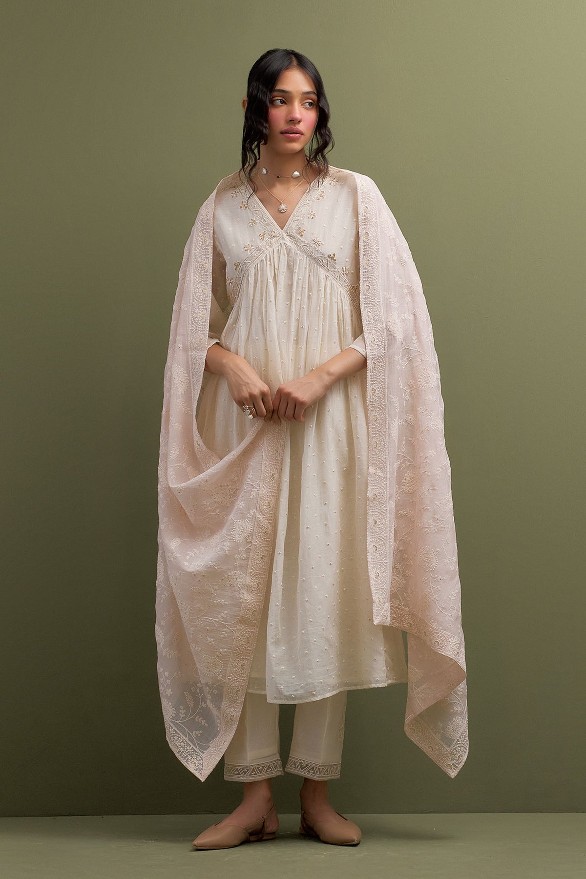 Ivory Embroidered Gather Kurt Set With Dupatta