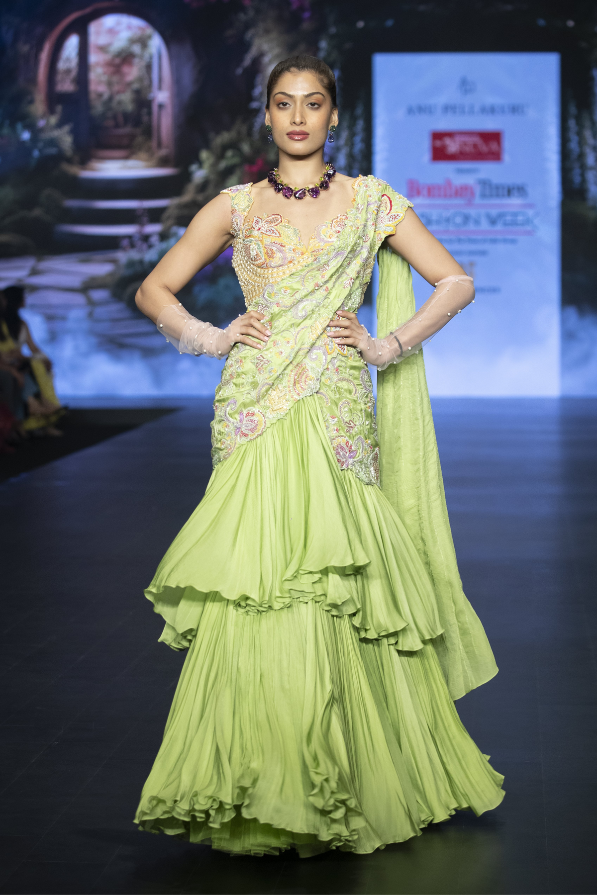 Lime Green Pre-draped Saree Set