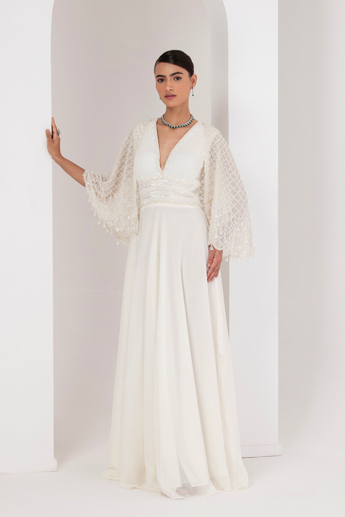 Ivory Dress With Embellished Cape