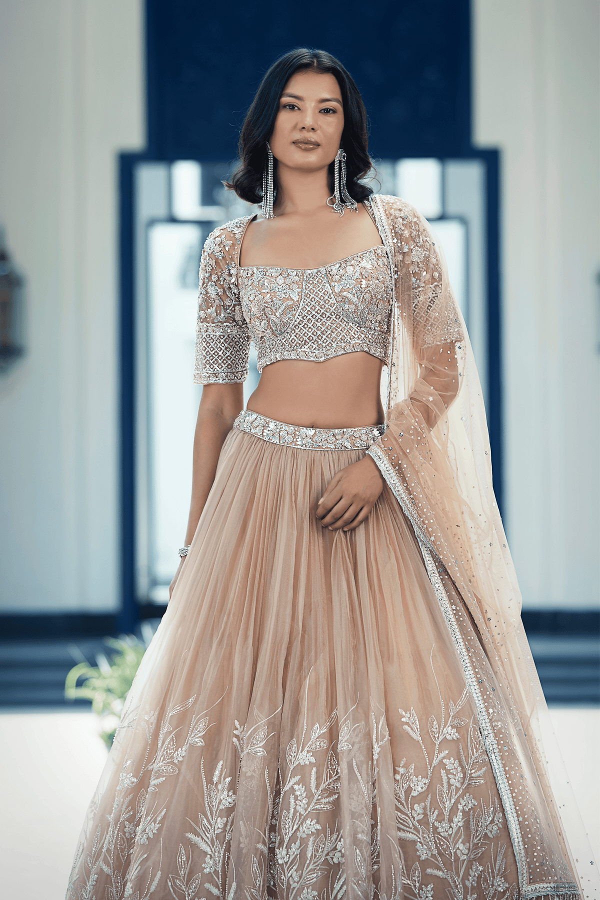 Net Embroidered Lehenga Set Beige