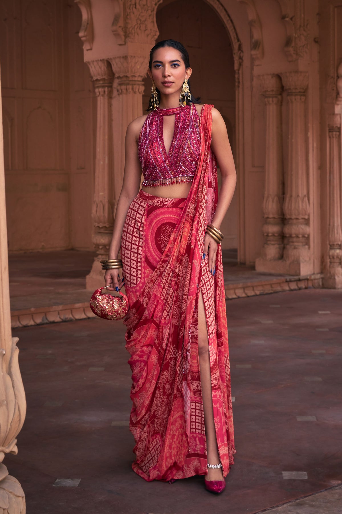 Magenta Printed Draped Saree Set