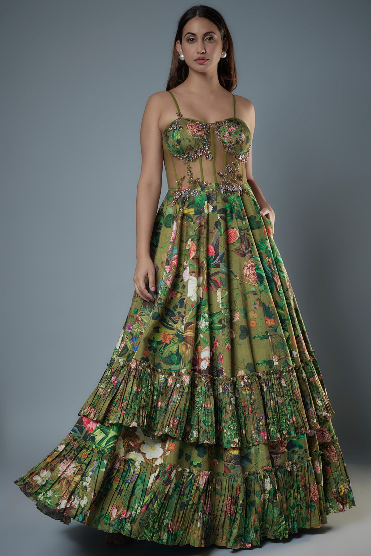 Green Botanical Printed Gown