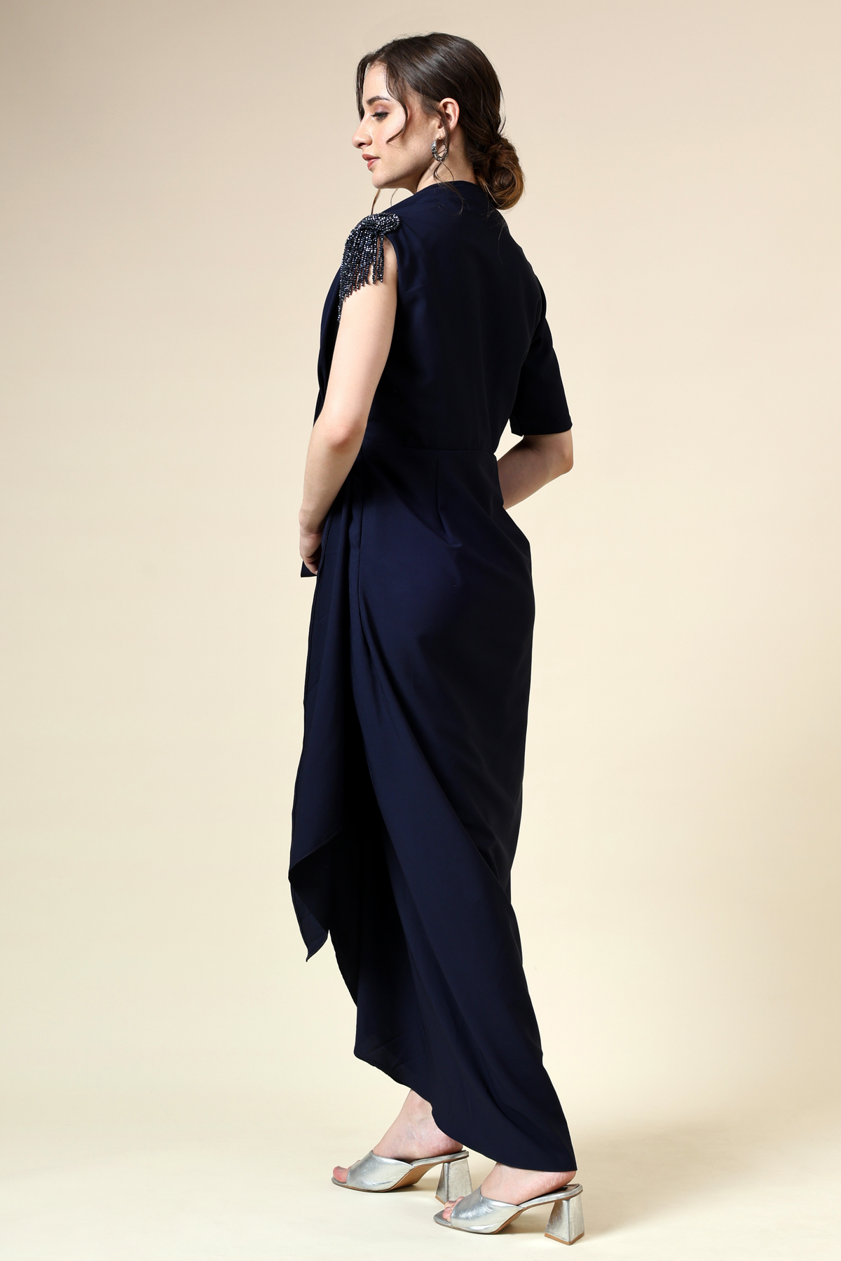 Navy Draped Dress With Crystal Embellishment