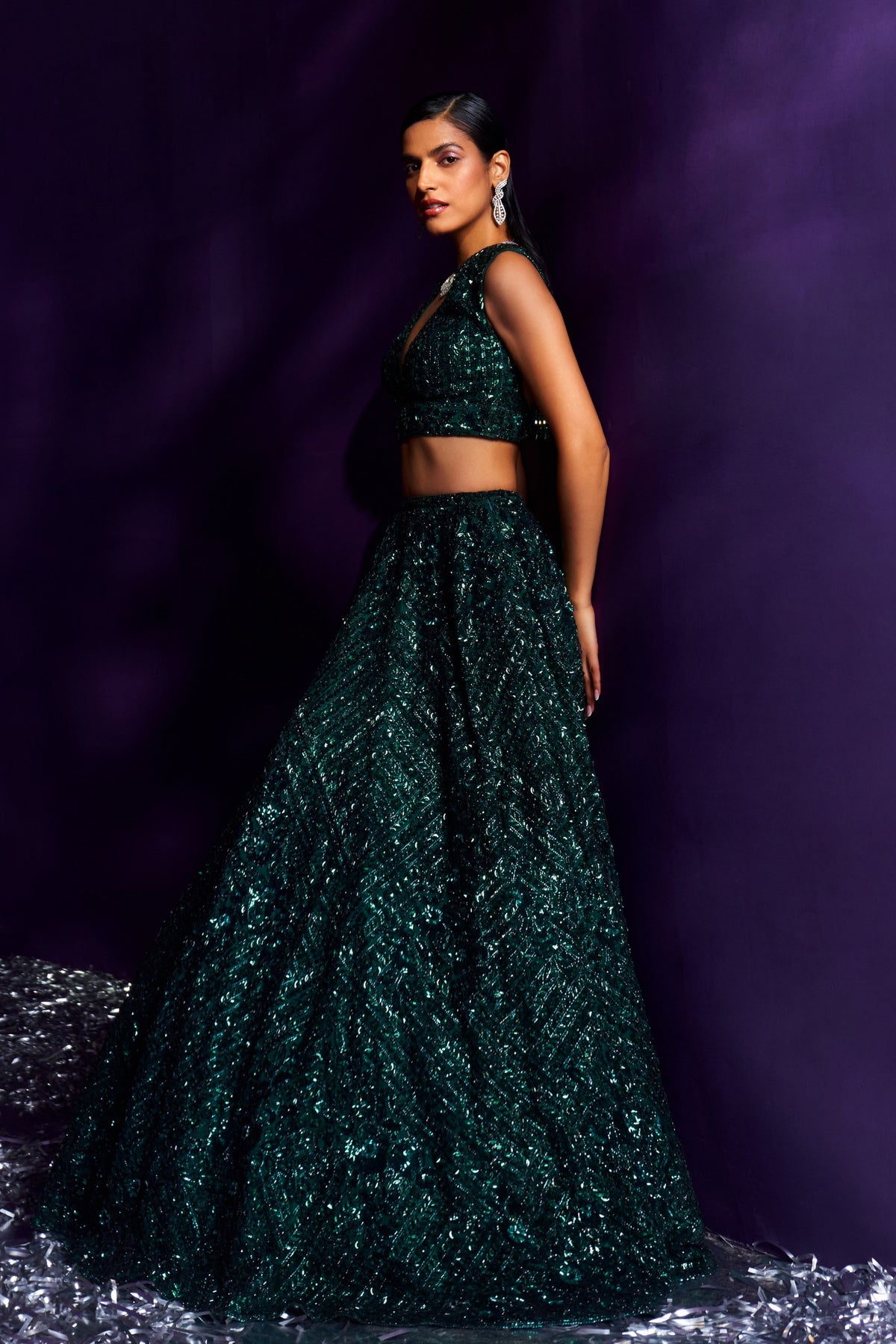 Emerald Green Sequins Lehenga Set