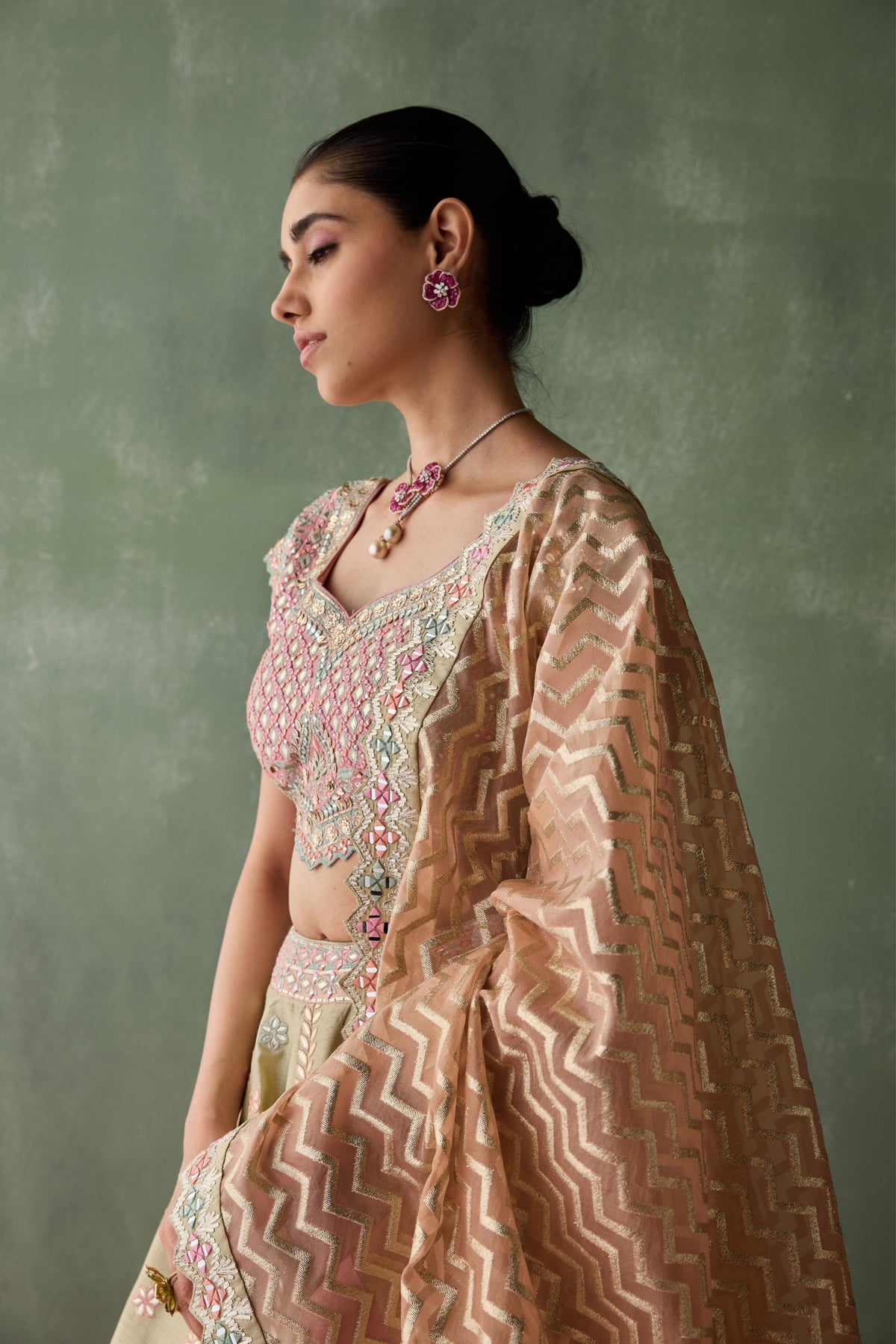 Dusty Green Floral Lehenga Set