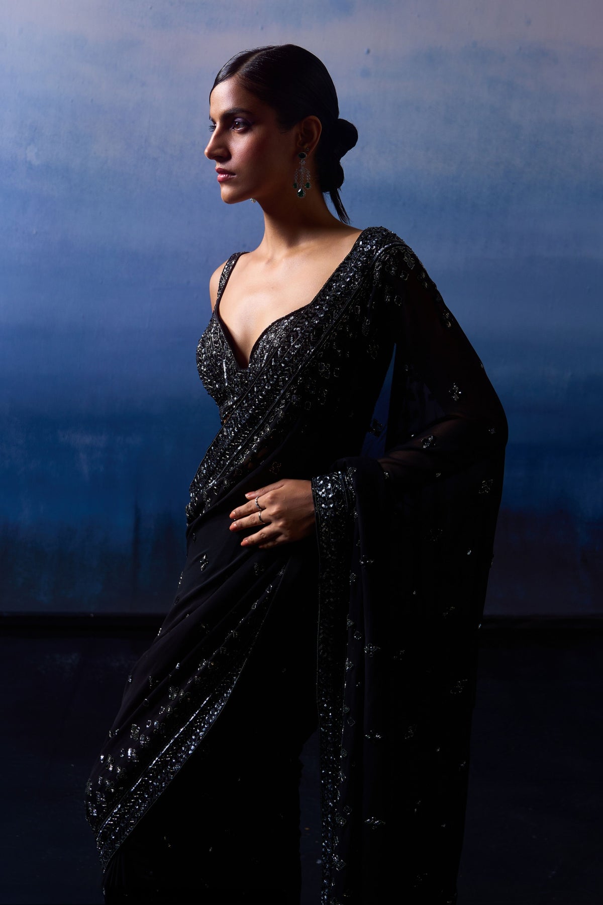 Black Embroidered Saree Set