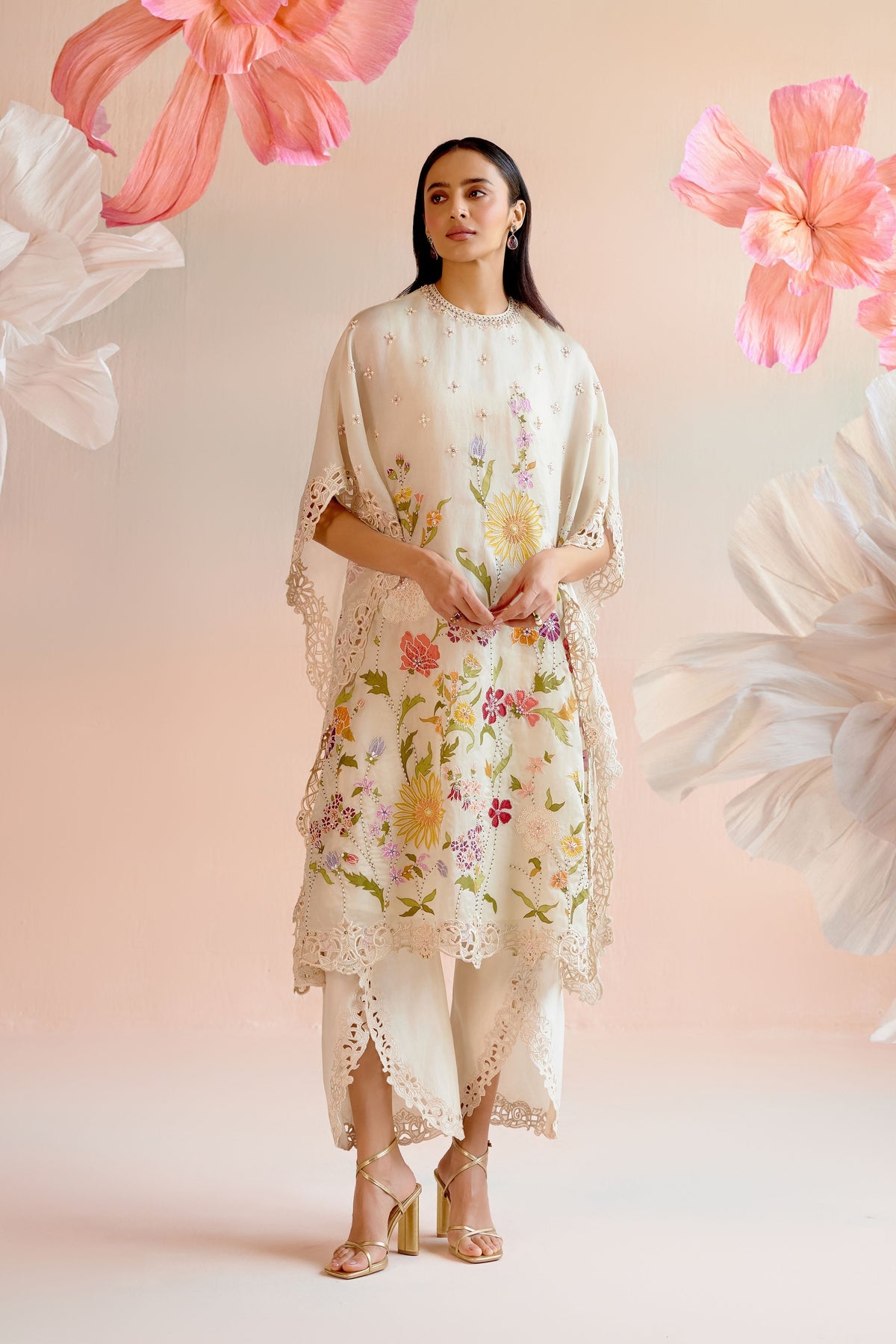 Ivory Floral Applique and Beadwork Kaftan