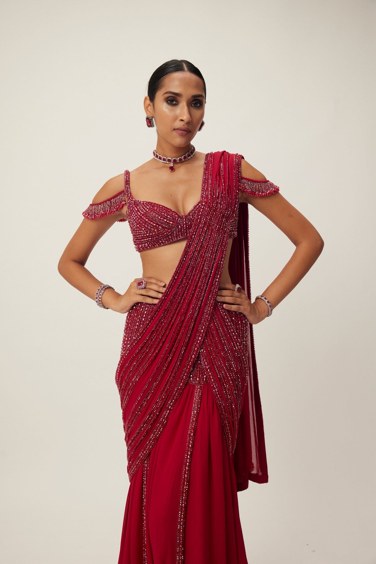 Ruby Red Pre Draped Saree Set