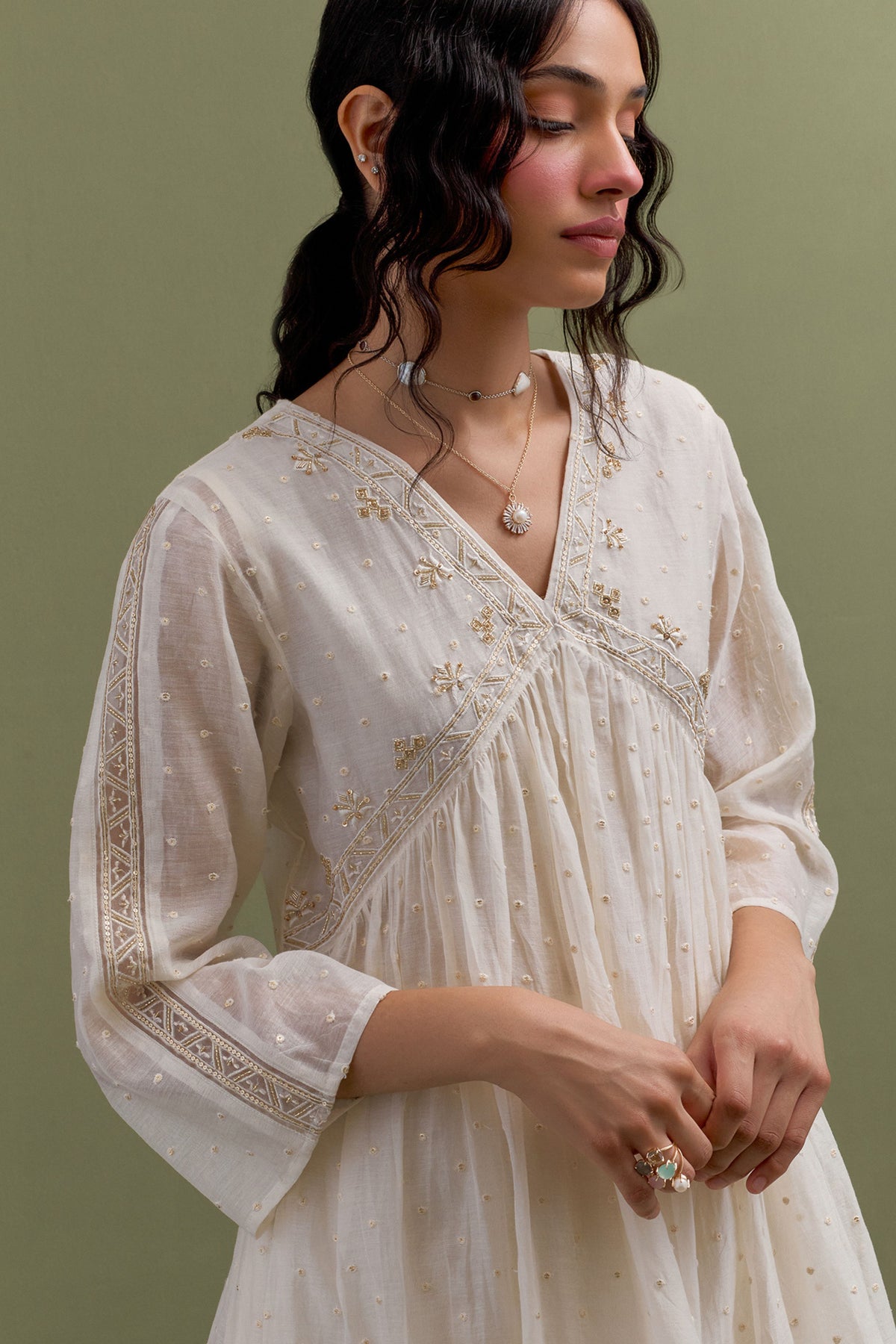 Ivory Embroidered Gather Kurt Set With Dupatta