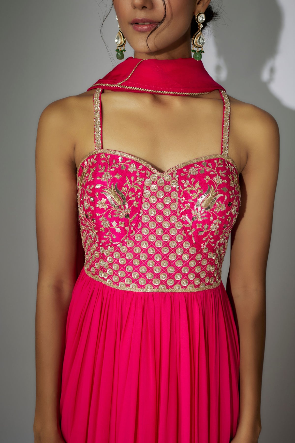 Hot Pink Off- Shoulder Gown With Dupatta