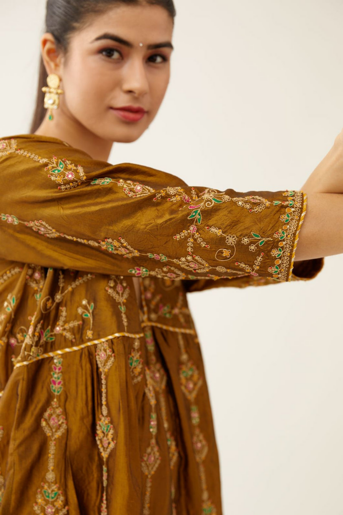 Golden Olive Silk Embroidered Kurta Set