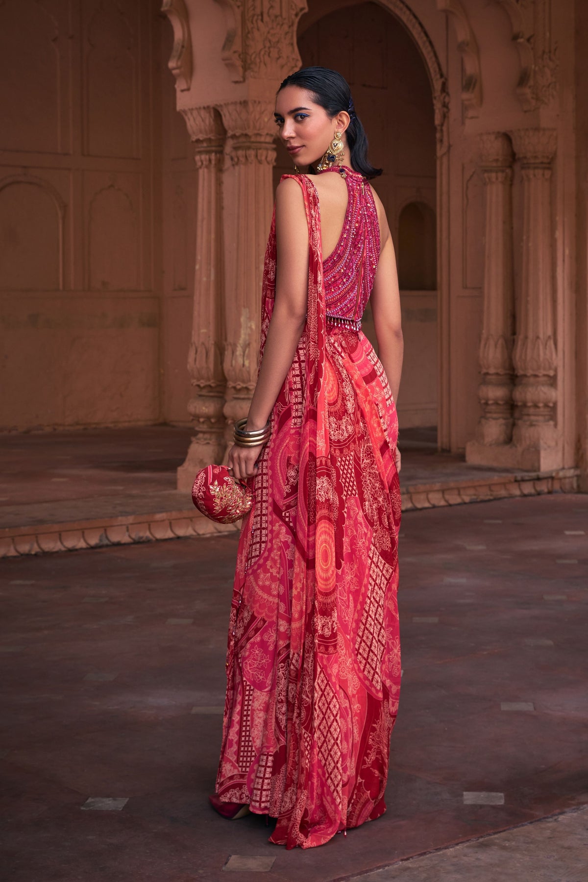 Magenta Printed Draped Saree Set