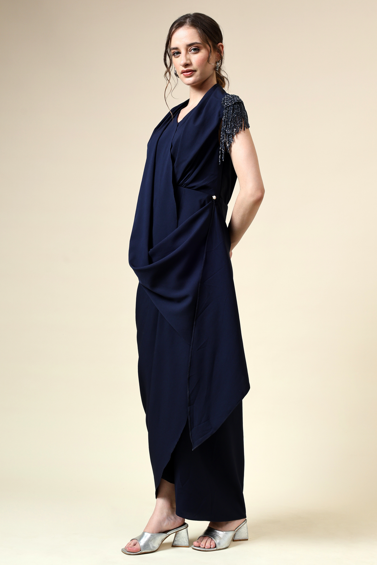 Navy Draped Dress With Crystal Embellishment