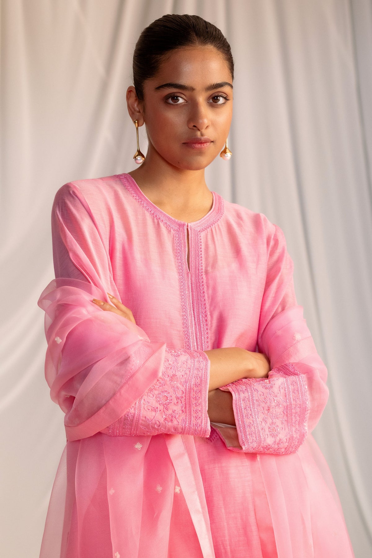 Pink Silk Embroidered Tunic Set
