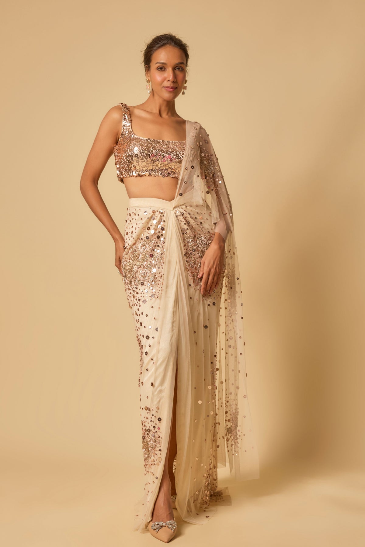 Beige Embroidered Drape saree set