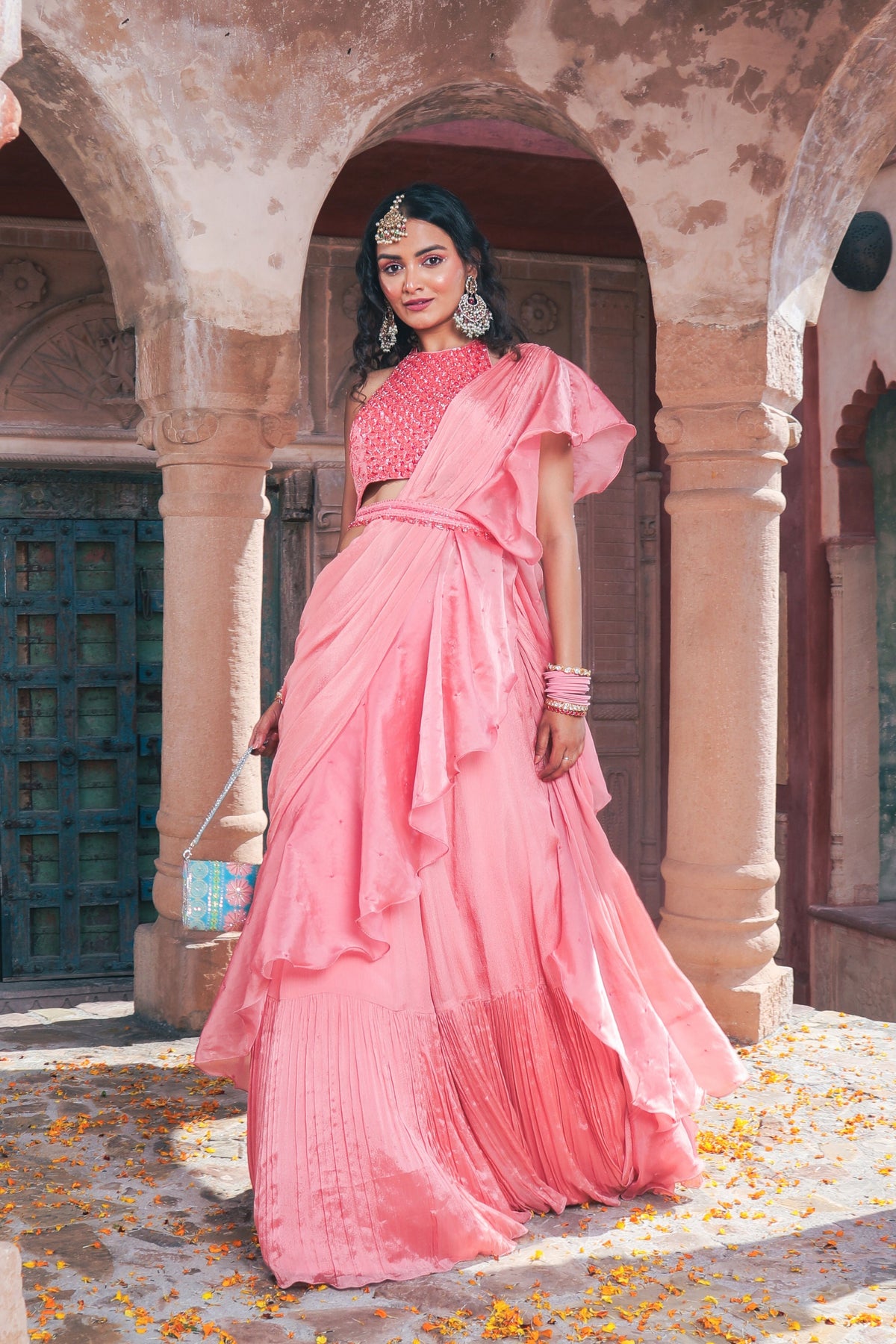 Peach Embroidered Drape Saree Set