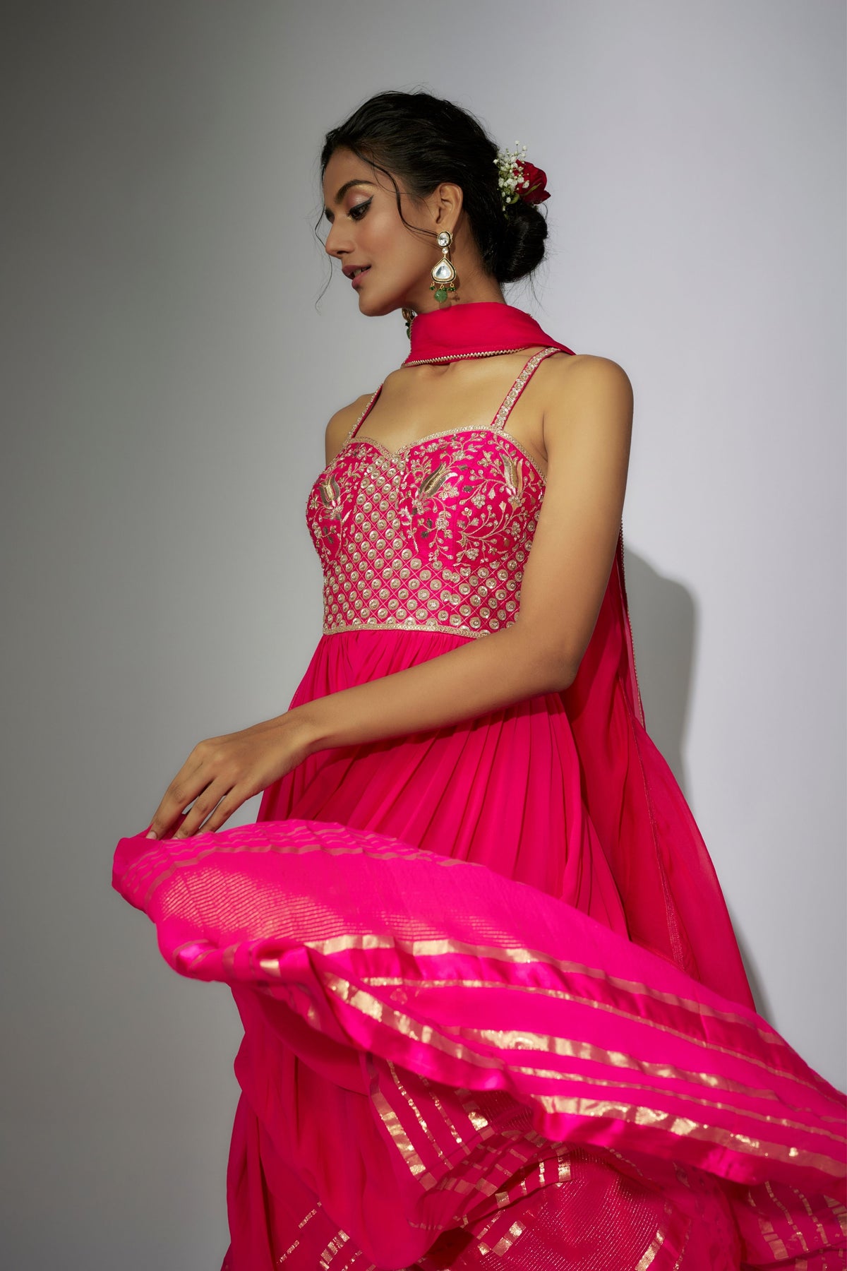 Hot Pink Off- Shoulder Gown With Dupatta