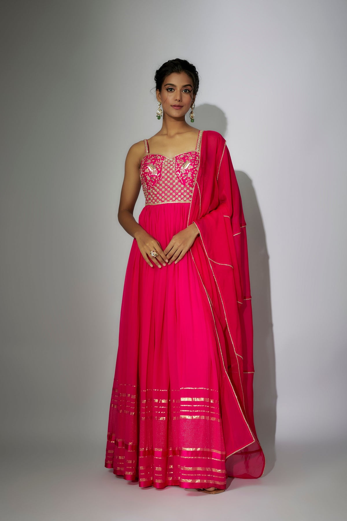 Hot Pink Off- Shoulder Gown With Dupatta