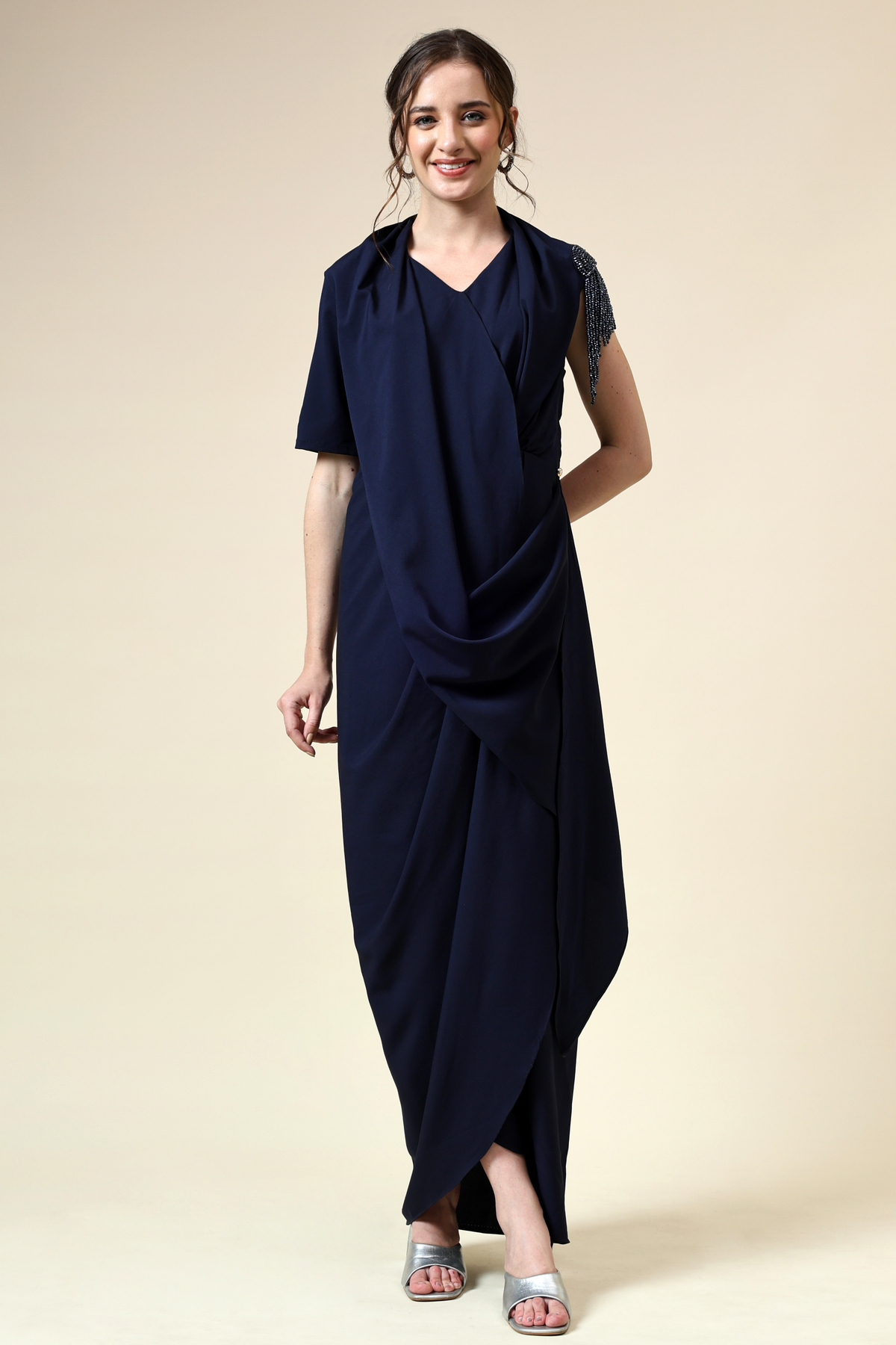 Navy Draped Dress With Crystal Embellishment