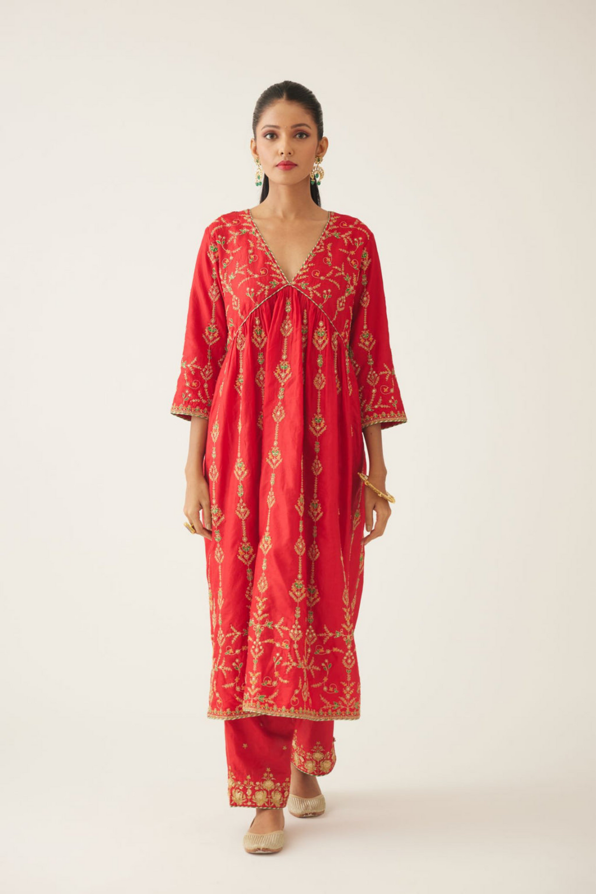 Red Silk Embroiderd Kurta Set