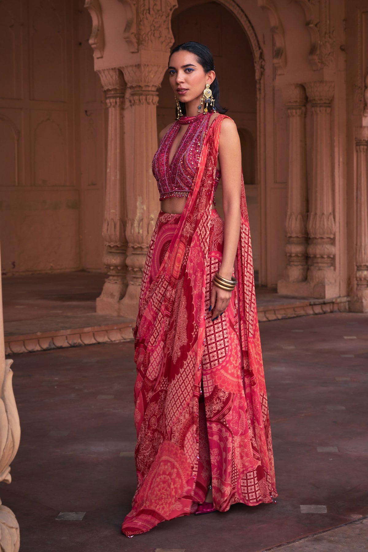 Magenta Printed Draped Saree Set