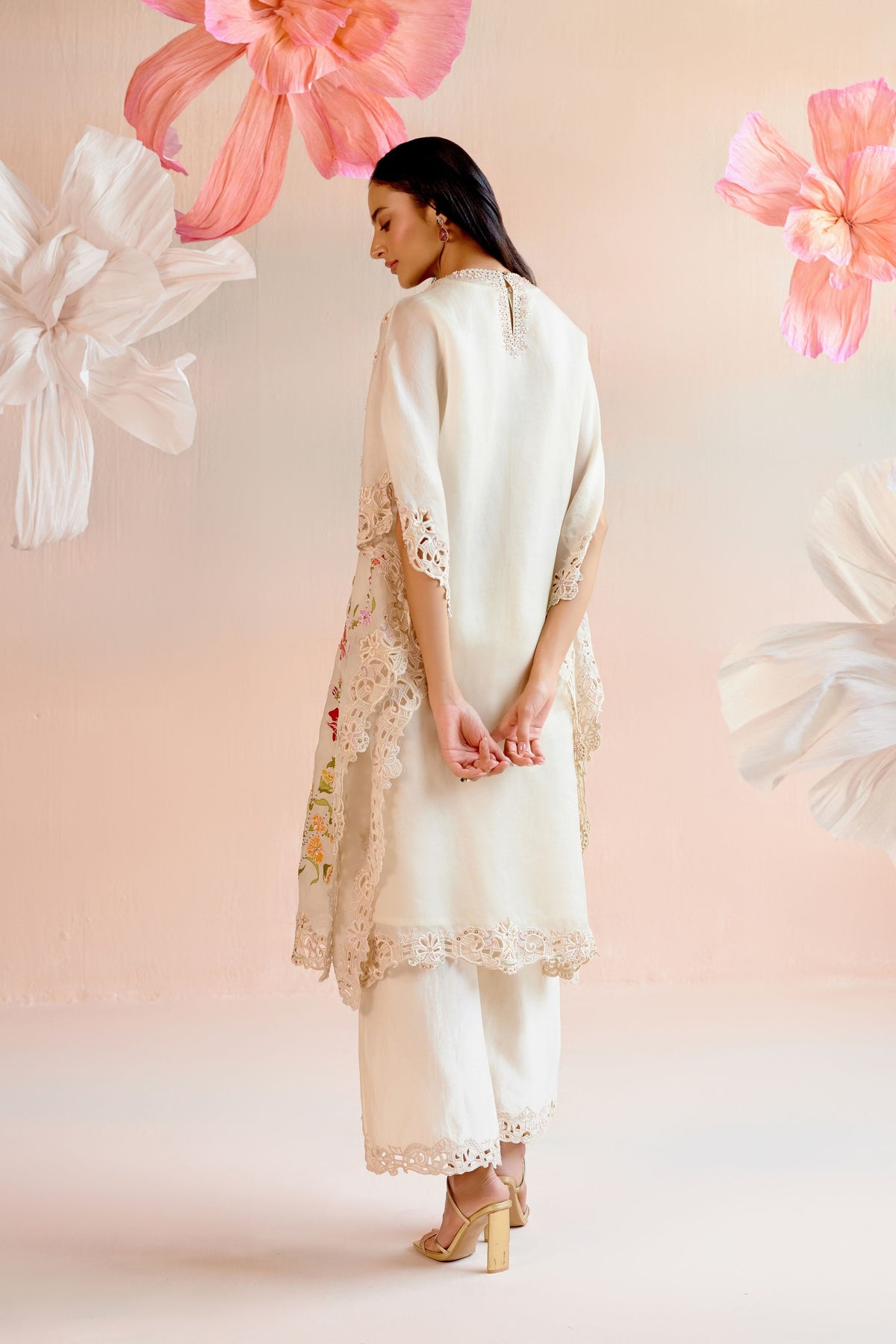 Ivory Floral Applique and Beadwork Kaftan