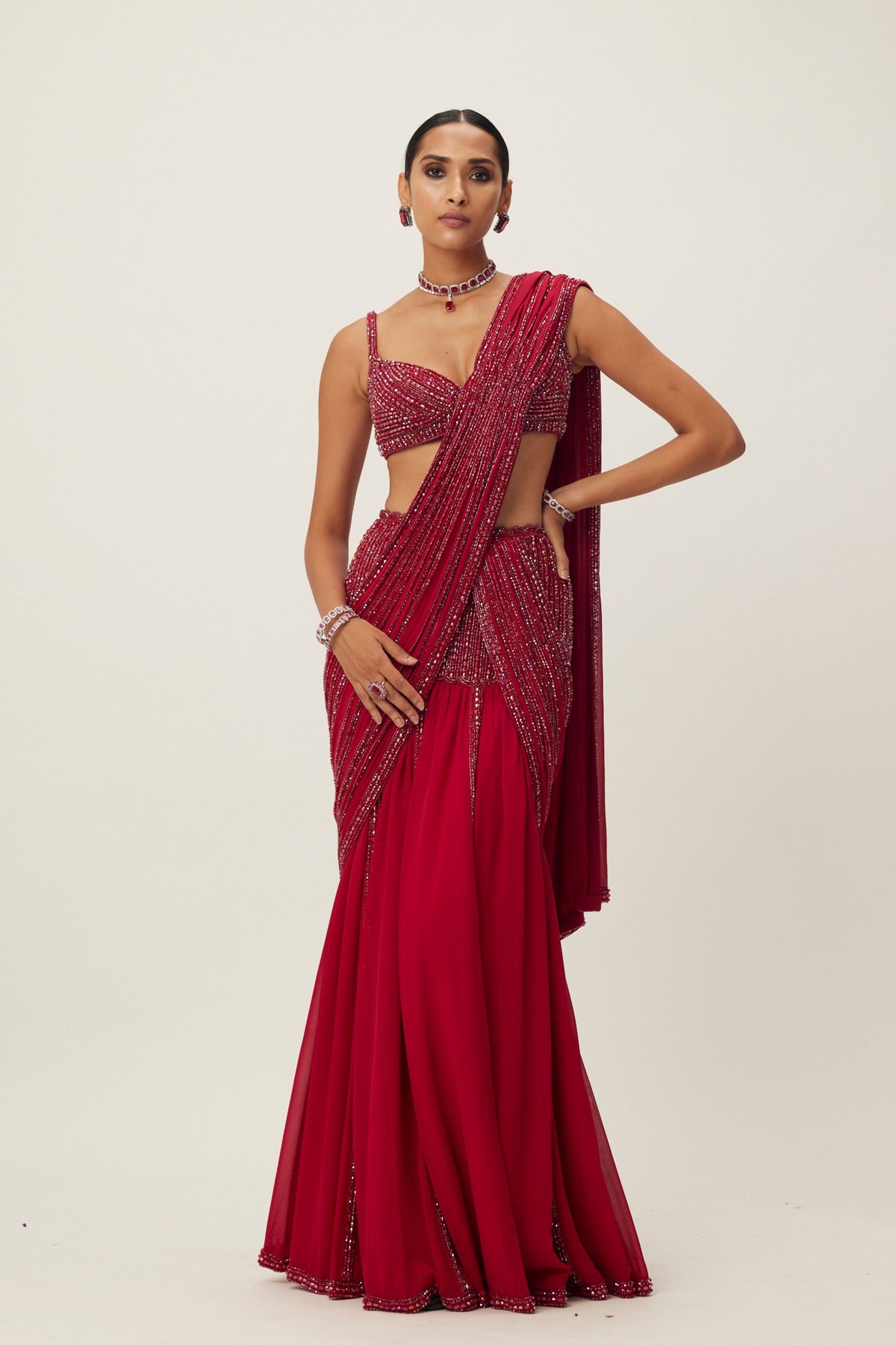 Ruby Red Pre Draped Saree Set