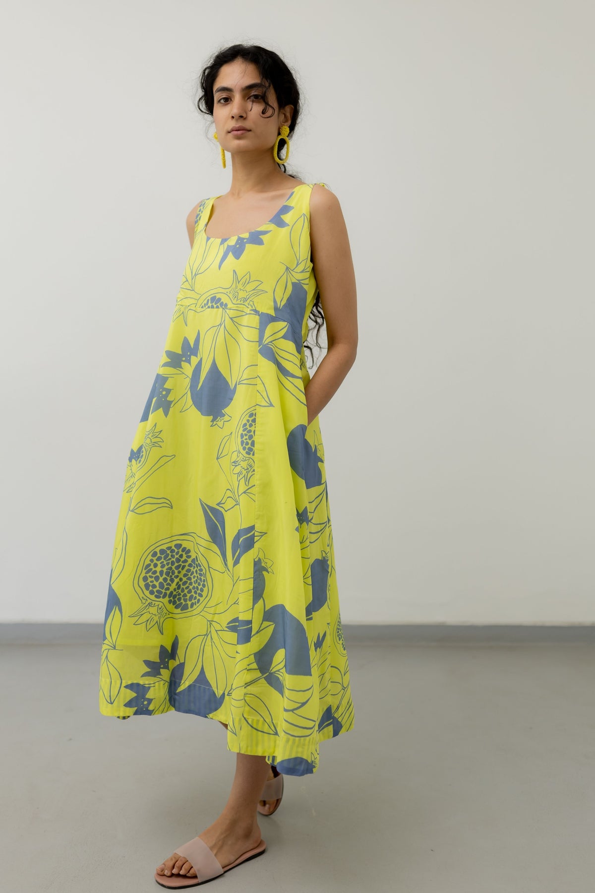 Yellow Grey Pomegranate Print Dress