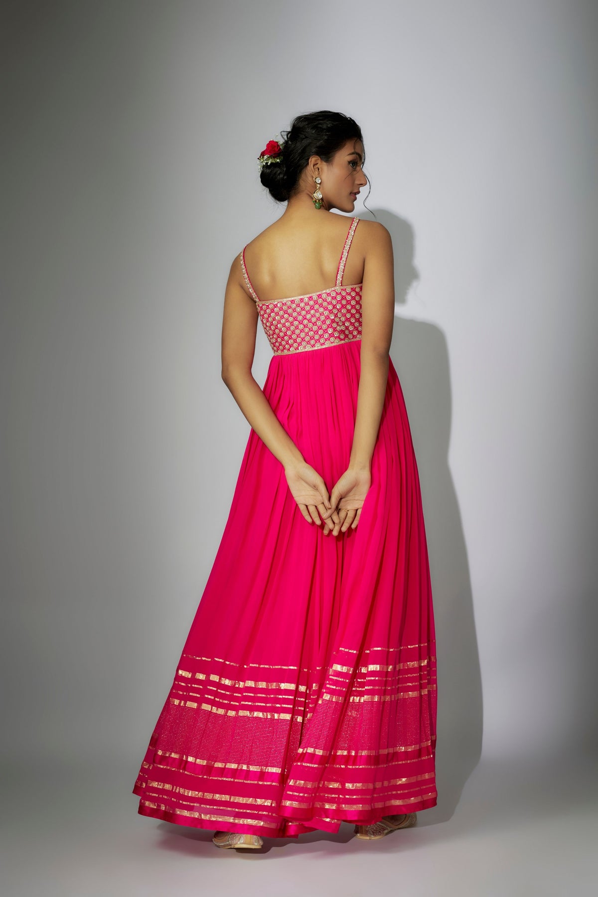 Hot Pink Off- Shoulder Gown With Dupatta