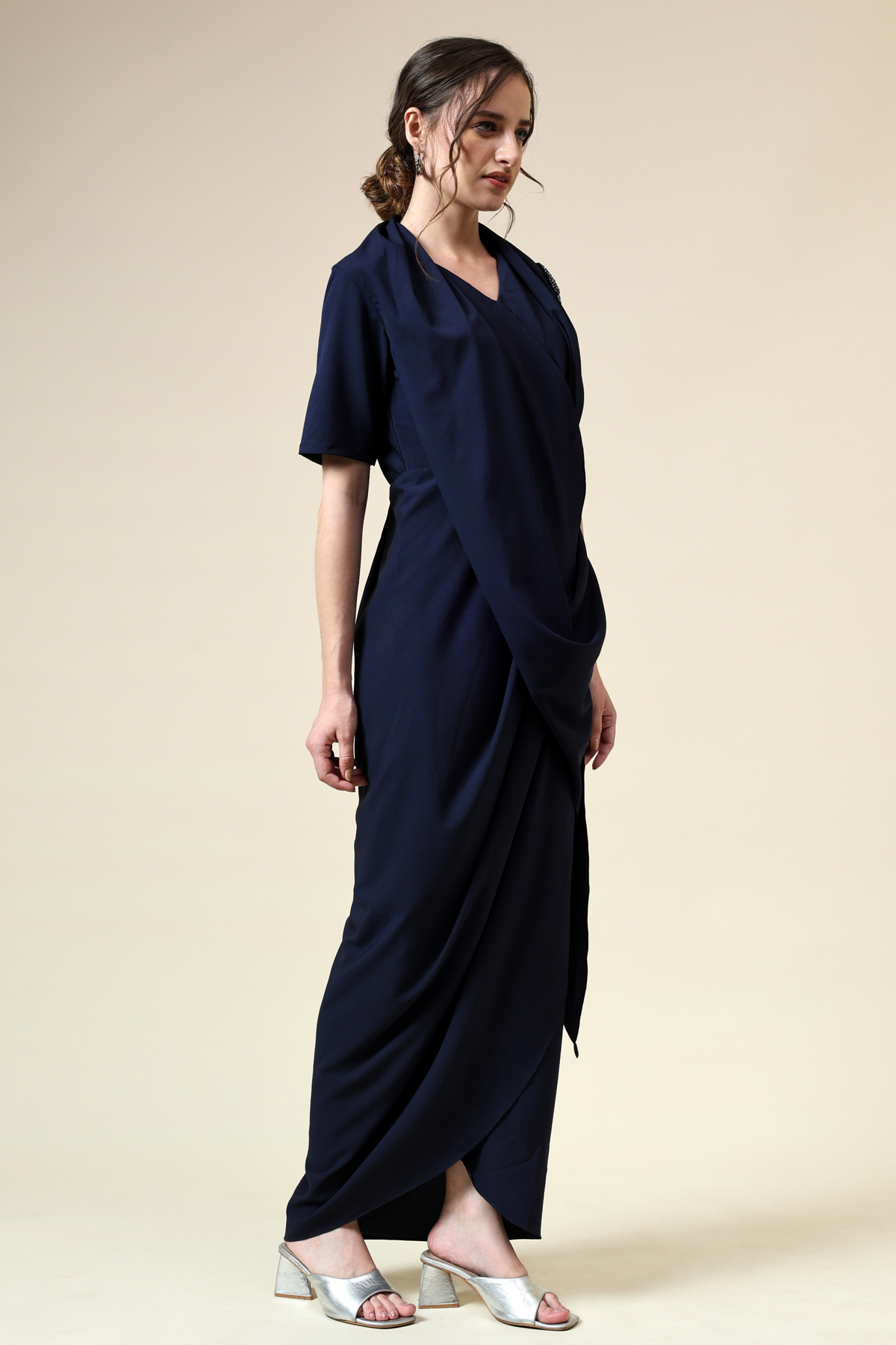 Navy Draped Dress With Crystal Embellishment