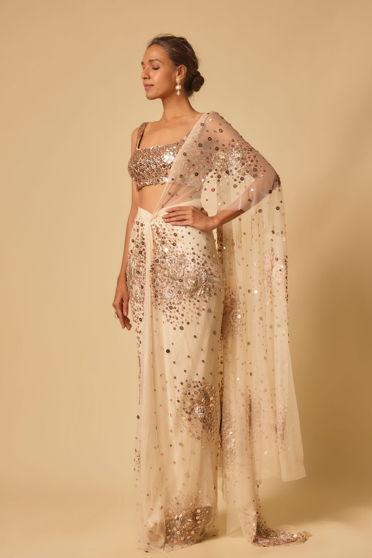 Beige Embroidered Drape saree set