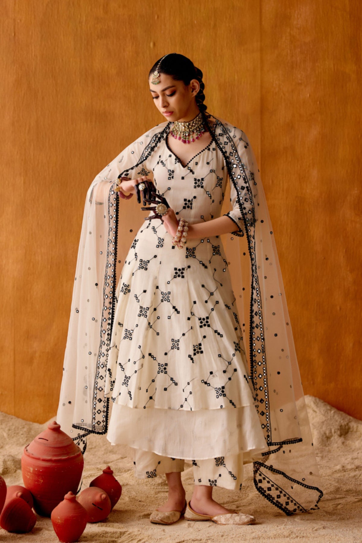 Black &amp; White Embroidered Anarkali Set